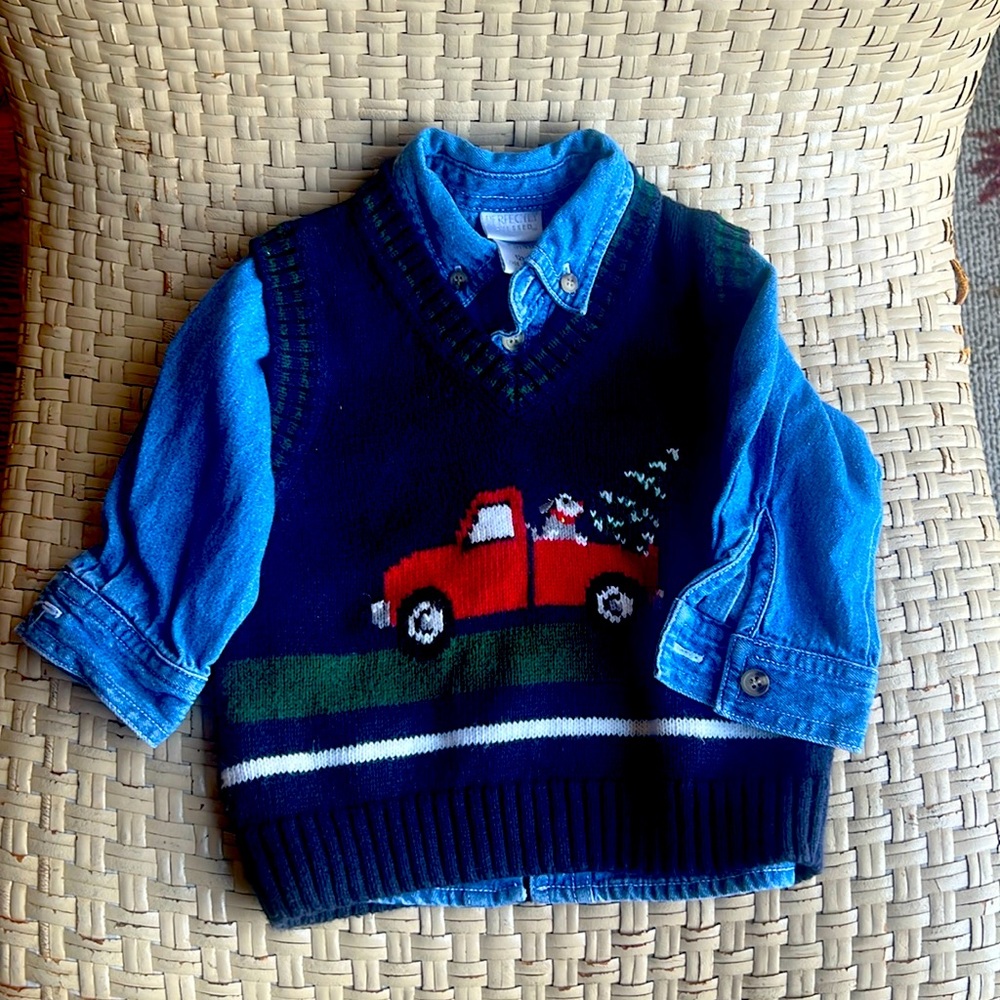 Boys navy blue cute vest with car & denim shirt 12 mo.